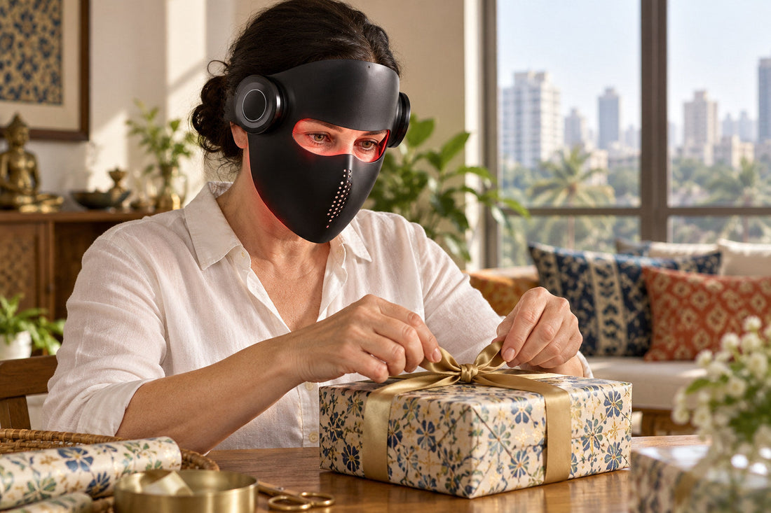 Woman wrapping a gift while wearing the black Kivorla red light therapy mask