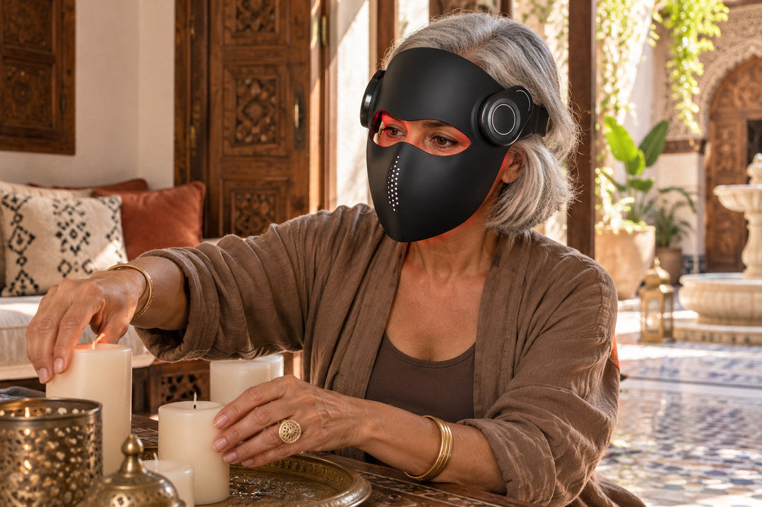 Woman arranging candles while wearing the black Kivorla red light therapy mask