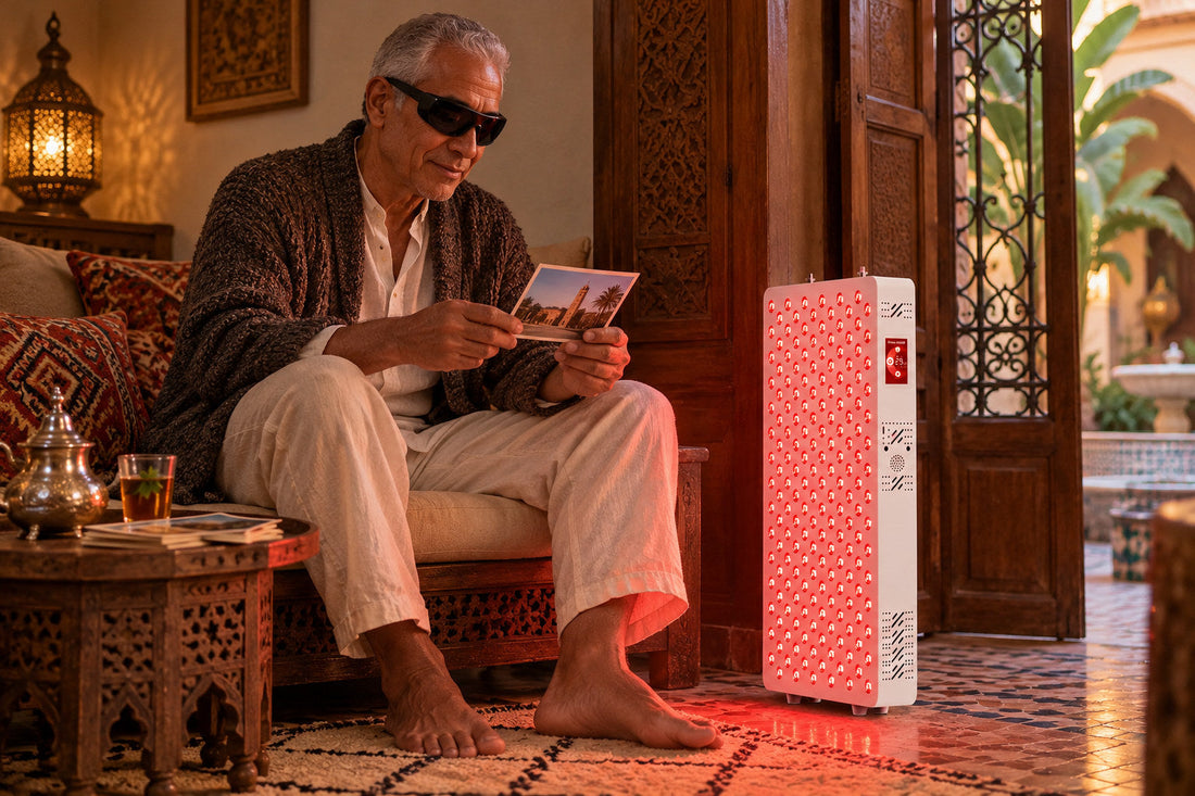 Older man reading a card on a sofa beside the Kivorla red light therapy panel, wearing protective goggles