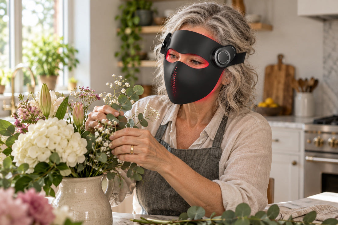 Woman arranging flowers in her kitchen while wearing the black Kivorla red light therapy mask