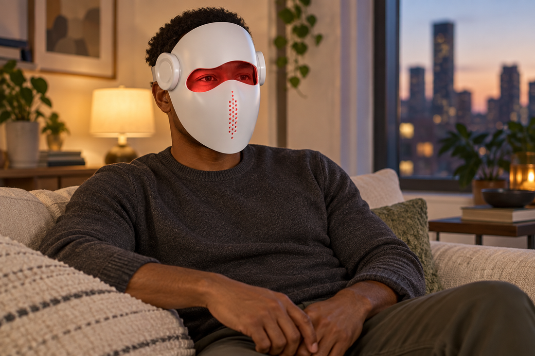 Man wearing the Kivorla red light therapy mask on a sofa at dusk with a city skyline behind him