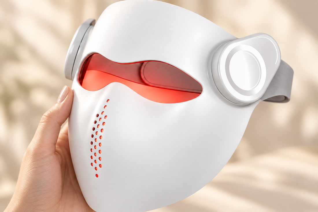 Close-up of the Kivorla laser mask held in one hand showing the eye shield and diode array