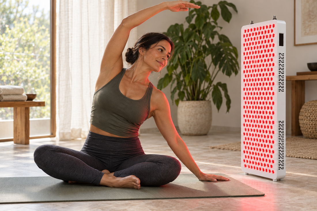 Woman stretching on a yoga mat beside the Kivorla red light panel at home