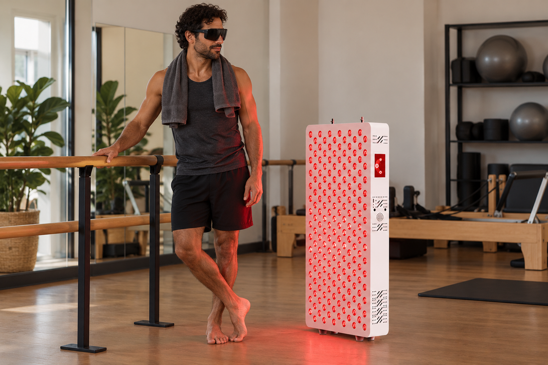 Man in goggles leaning on a barre in a Pilates studio beside the Kivorla red light therapy panel