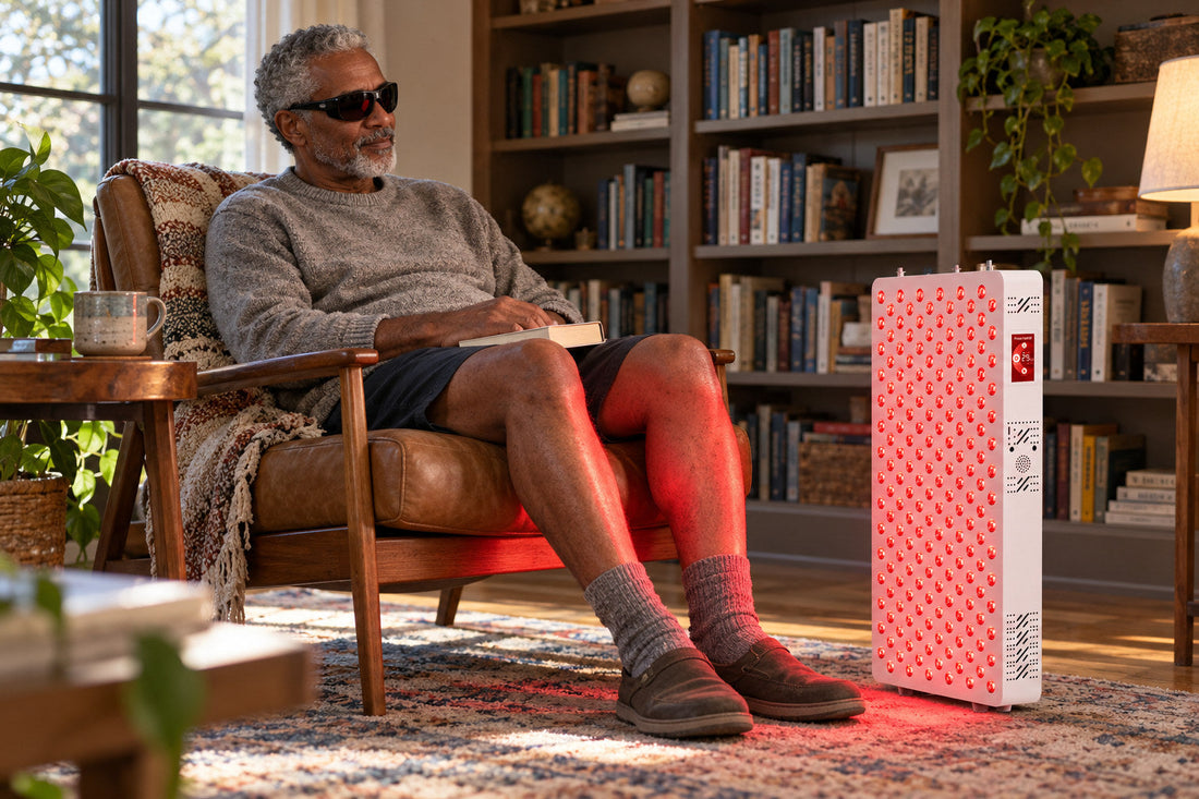 Man in goggles sitting in an armchair with his legs and feet in front of the Kivorla red light therapy panel