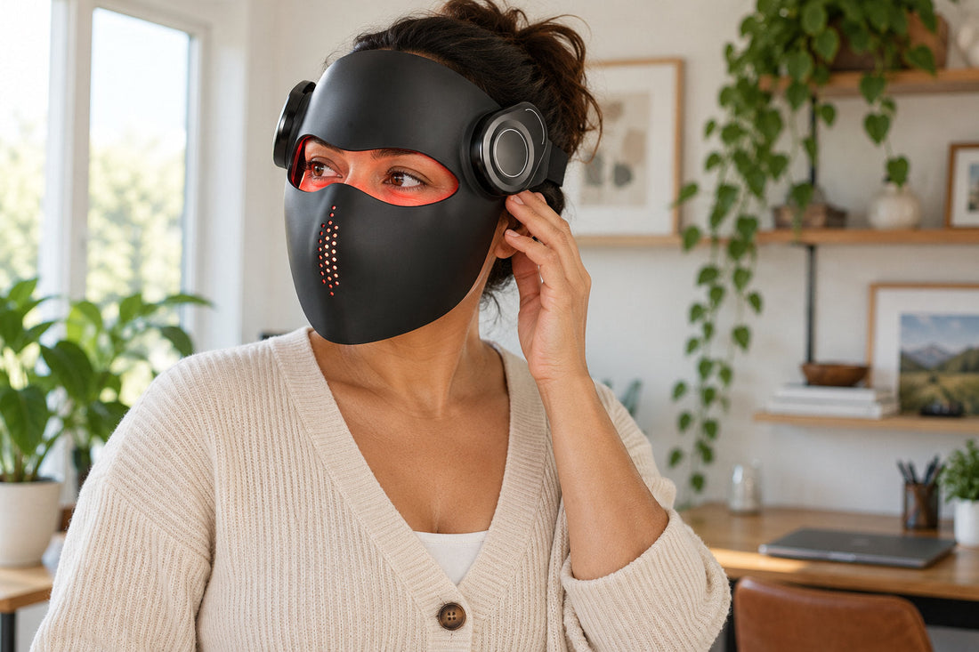 Woman adjusting the strap in her home office while wearing the black Kivorla red light therapy mask
