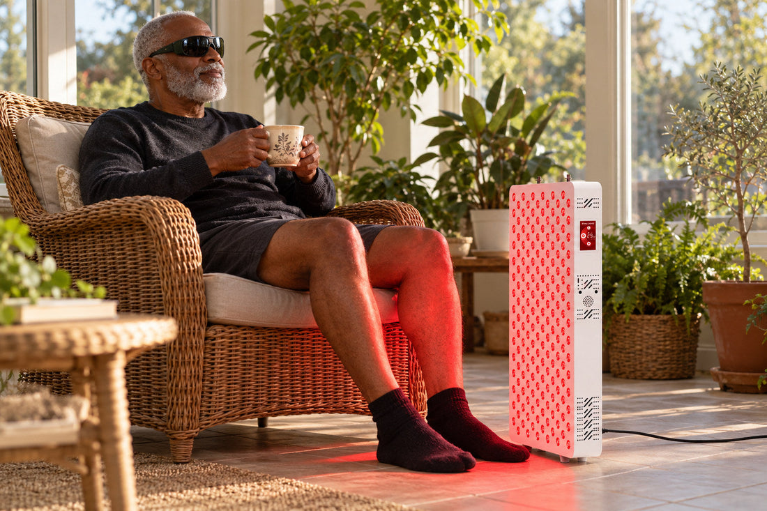 Older man in goggles relaxing in a sunroom armchair with his legs in front of the Kivorla red light therapy panel