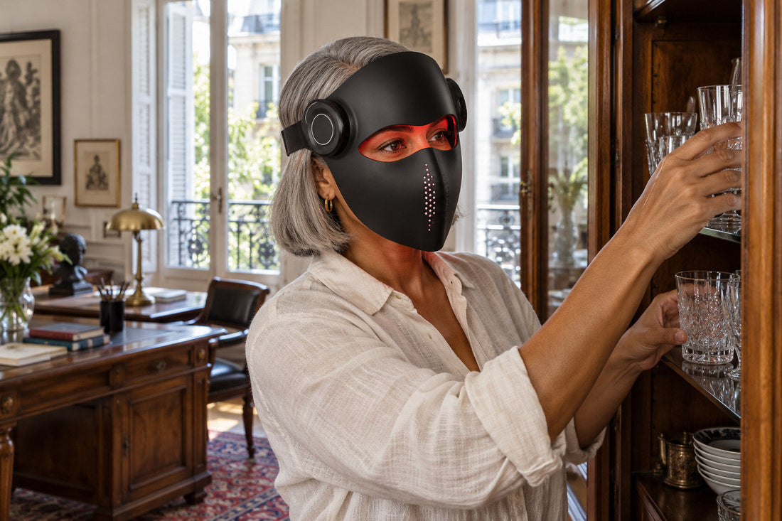Woman arranging glasses in a cabinet while wearing the black Kivorla red light therapy mask