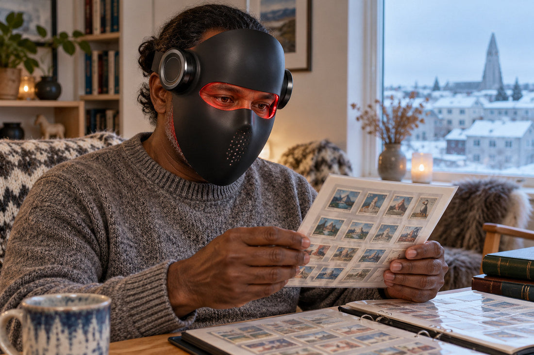 Man looking through a stamp album while wearing the black Kivorla red light therapy mask