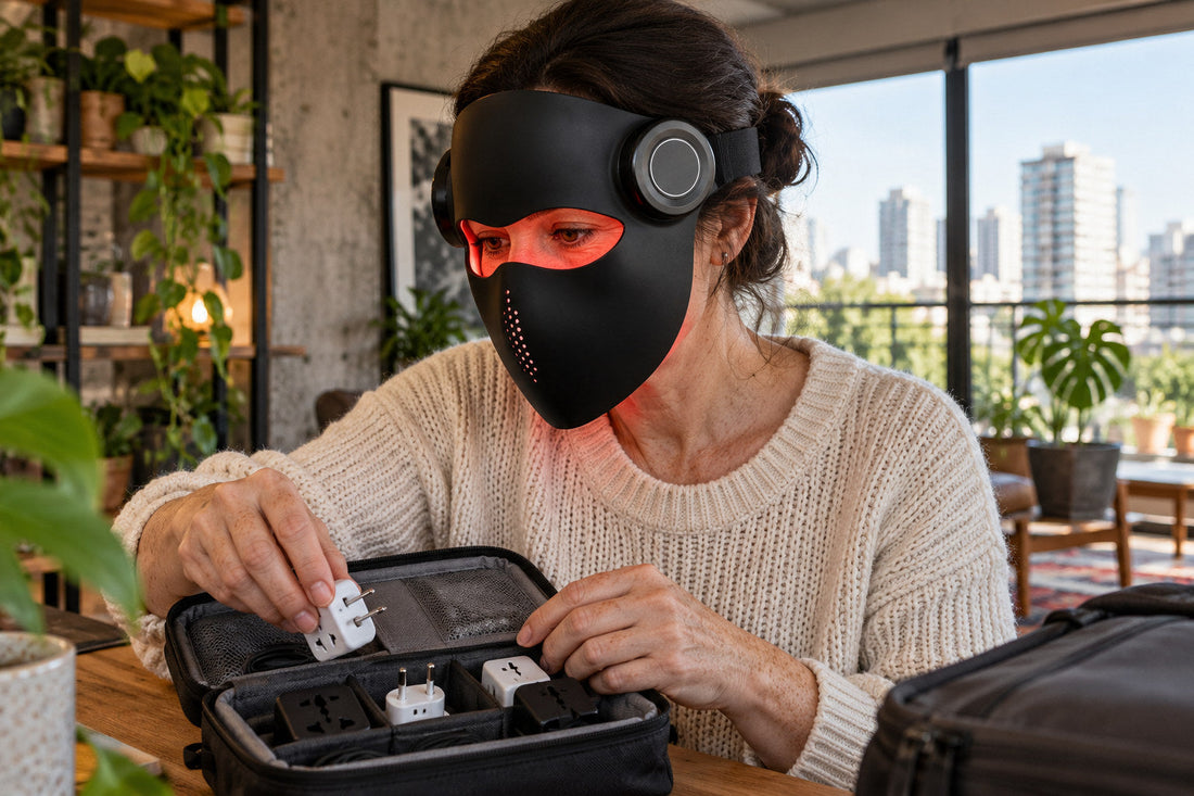 Woman packing travel adapters while wearing the black Kivorla red light therapy mask