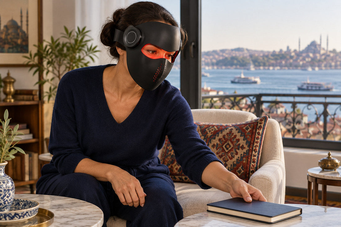 Woman placing a book on a coffee table while wearing the black Kivorla red light therapy mask