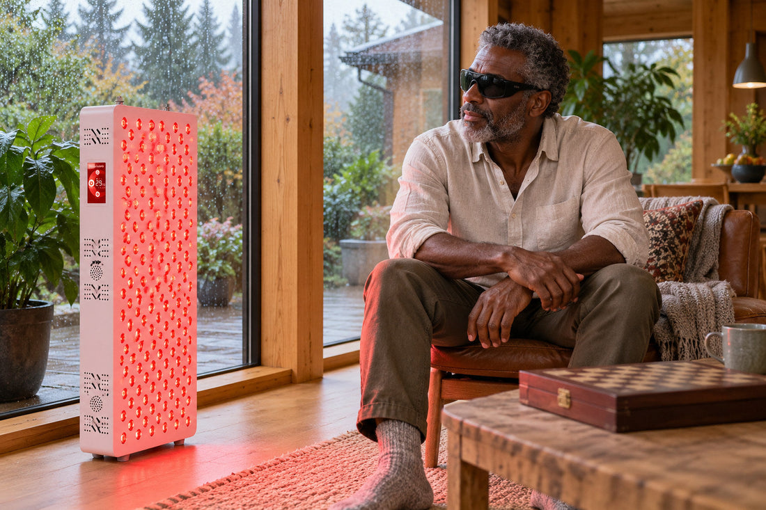 Man sitting in an armchair beside the Kivorla red light therapy panel, wearing protective goggles