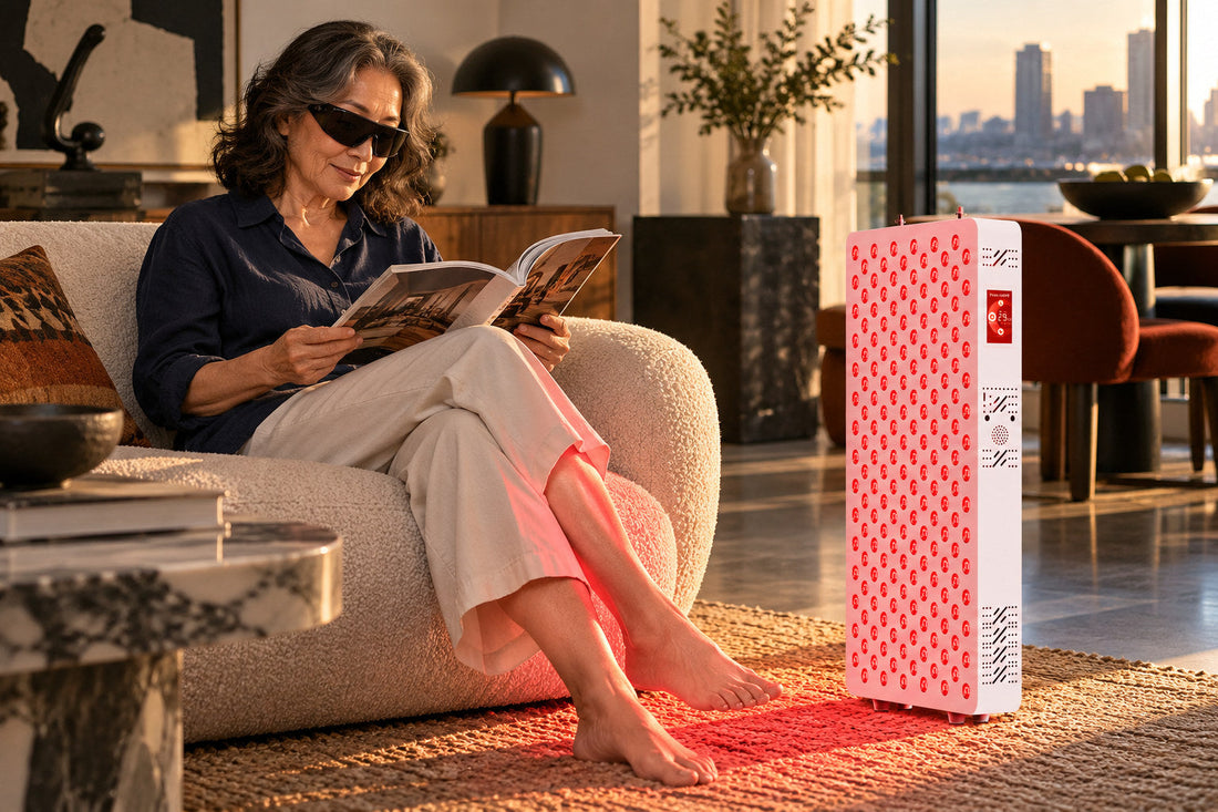 Woman reading a magazine on a sofa beside the Kivorla red light therapy panel, wearing protective goggles