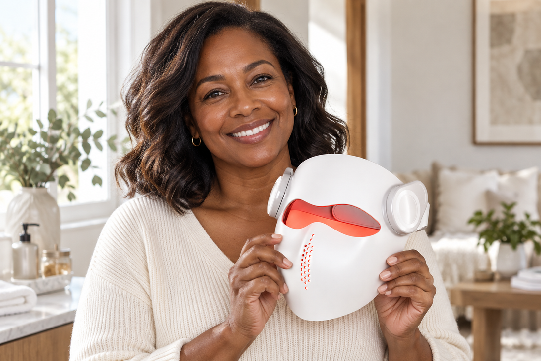 Woman smiling and holding the white Kivorla LED face mask in a bright living room