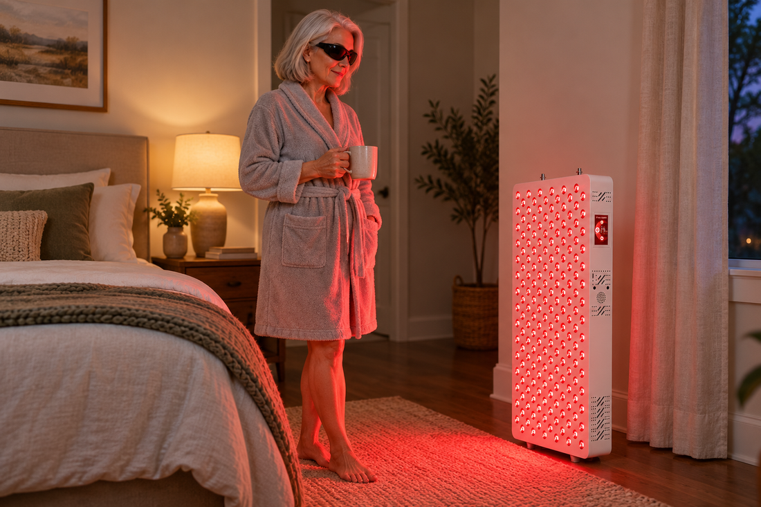 Older woman in goggles and a dressing gown holding a mug beside the Kivorla red light therapy panel in her bedroom