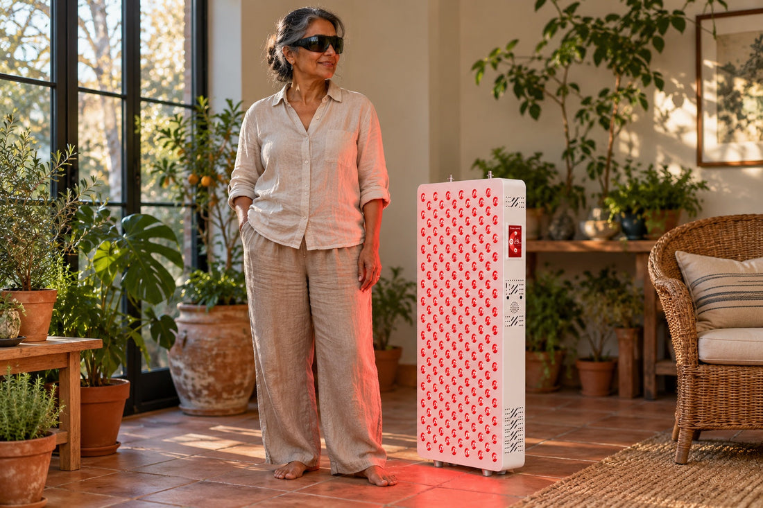 Woman in goggles standing beside the Kivorla red light therapy panel in a room full of plants