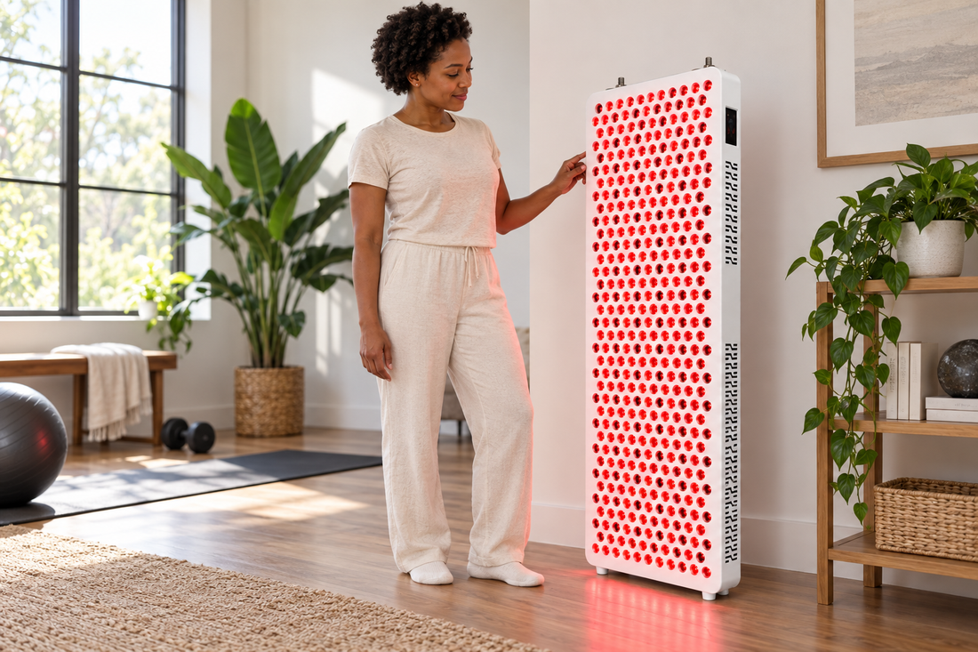 Woman standing beside the floor-standing Kivorla red light panel in a living room