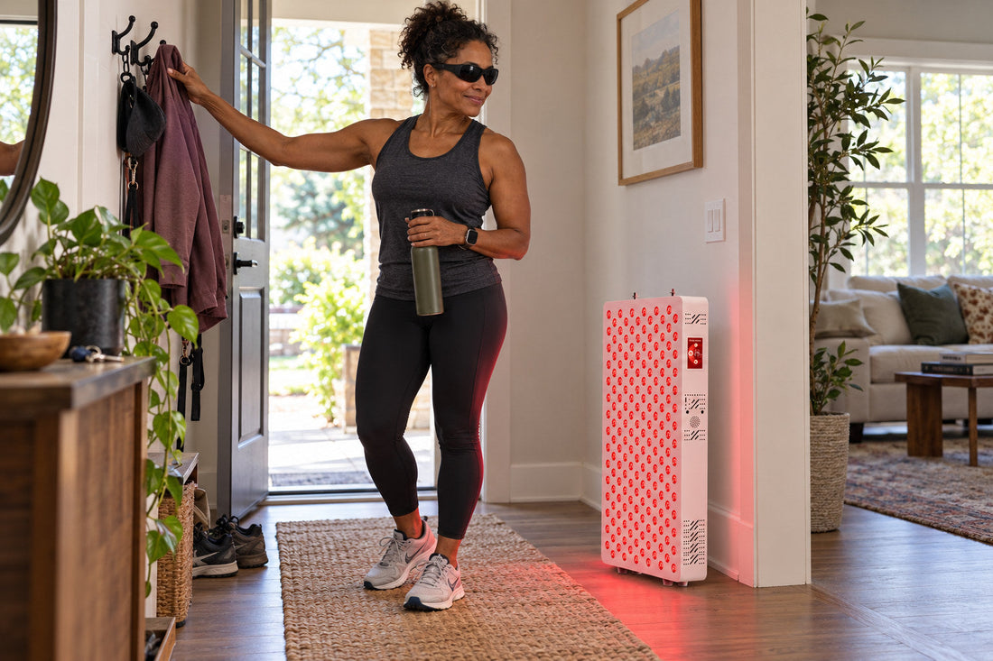 Woman in workout clothes and goggles standing next to the Kivorla red light therapy panel after a walk