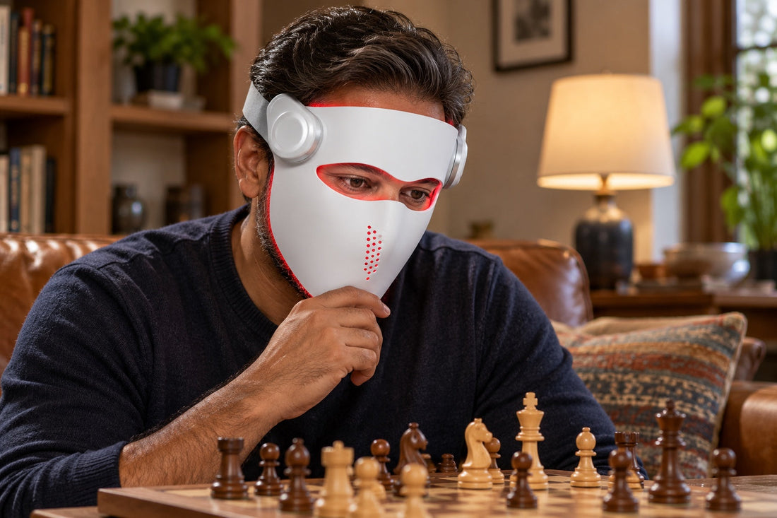 Man playing chess at home while wearing the white Kivorla red light therapy mask