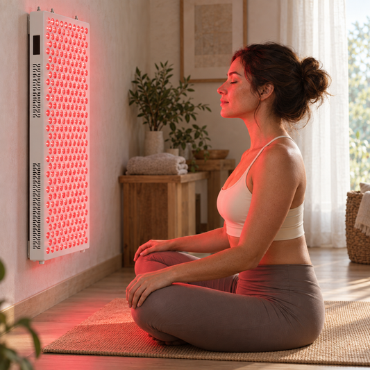 Woman meditating in front of the wall-mounted Kivorla red light panel