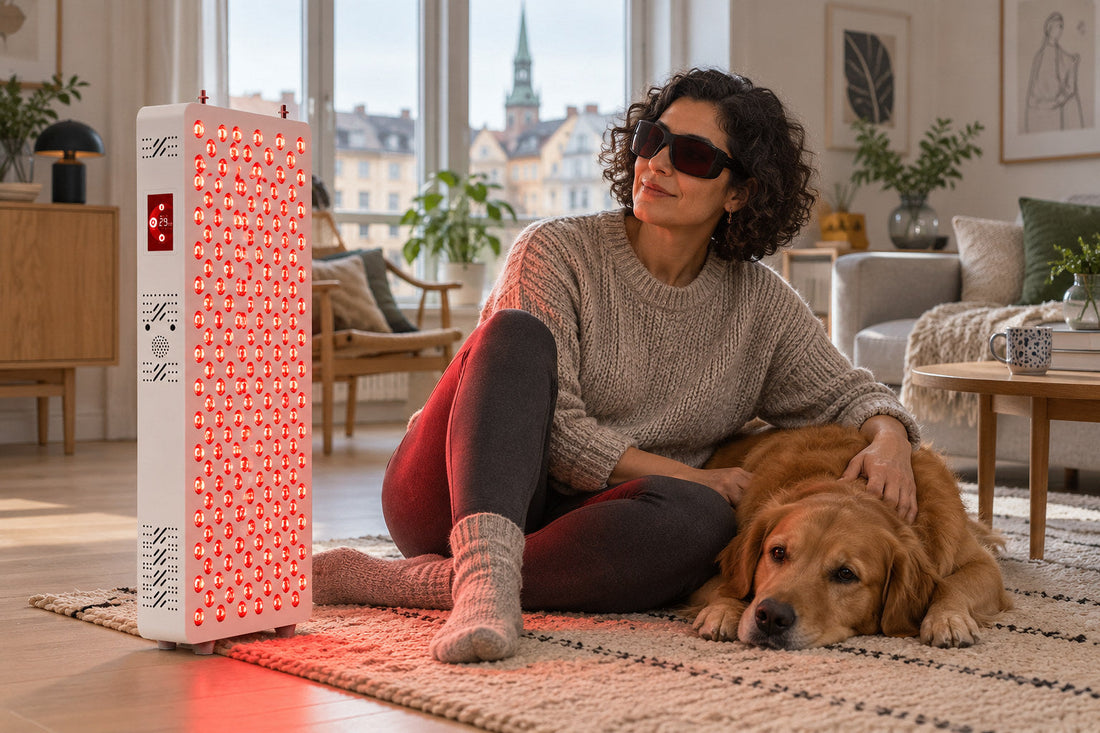 Woman sitting on a rug with her dog beside the Kivorla red light therapy panel, wearing protective goggles