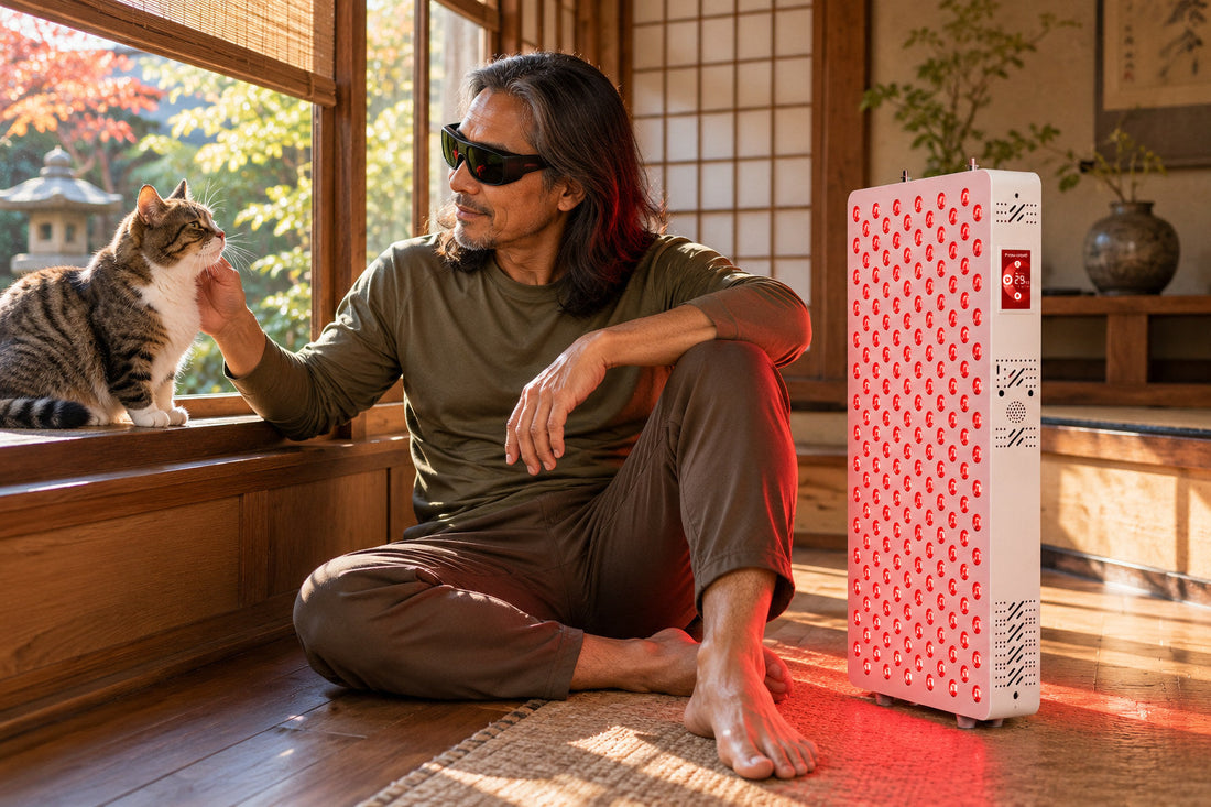 Man sitting on the floor stroking his cat beside the Kivorla red light therapy panel, wearing protective goggles