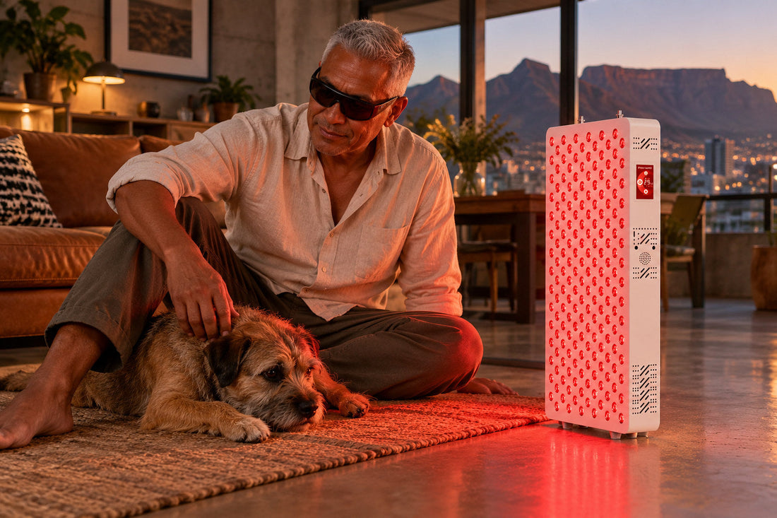 Man sitting on a rug with his dog beside the Kivorla red light therapy panel, wearing protective goggles