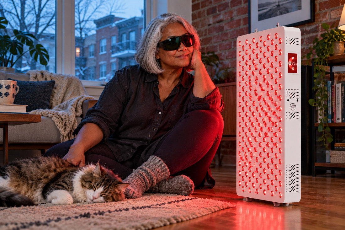 Woman sitting on a rug beside her cat beside the Kivorla red light therapy panel, wearing protective goggles