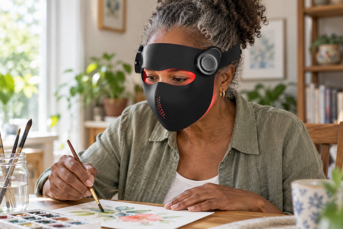 Woman painting with watercolours at a table while wearing the black Kivorla red light therapy mask