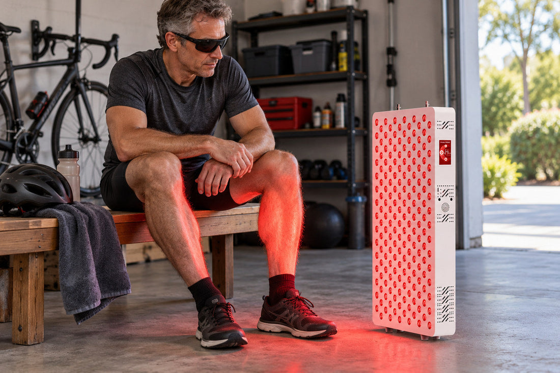 Man in goggles sitting on a bench in his garage after a ride, legs in front of the Kivorla red light therapy panel