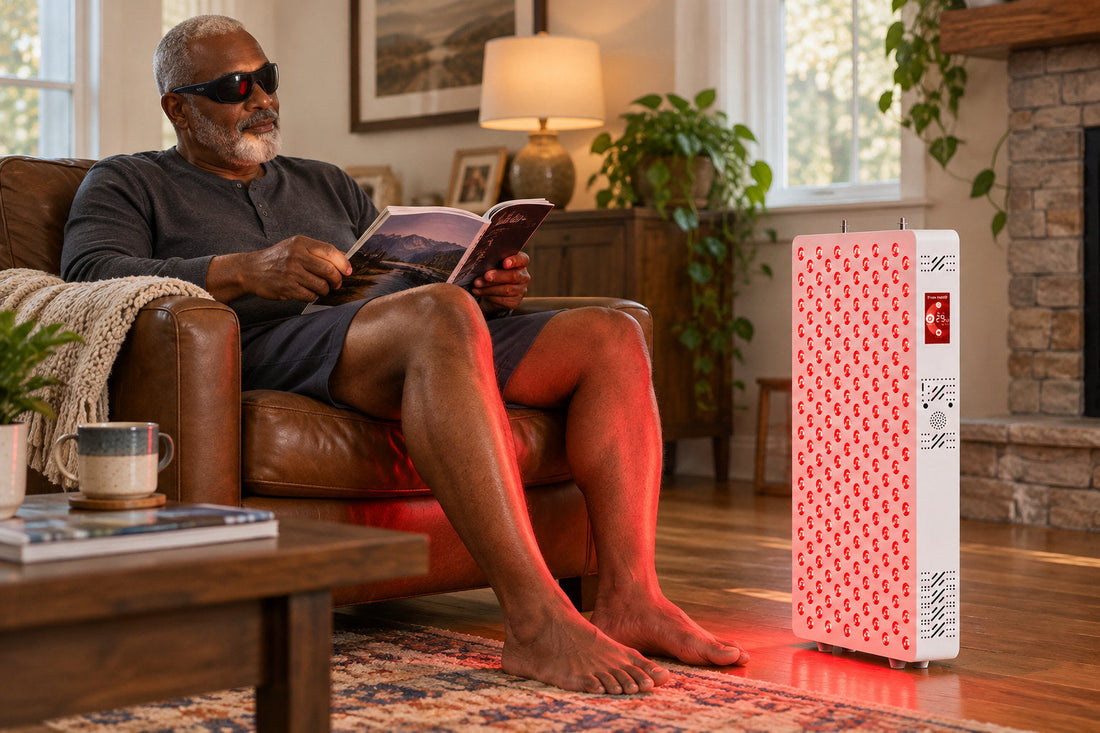 Barefoot older man in goggles reading in a leather armchair beside the Kivorla red light therapy panel