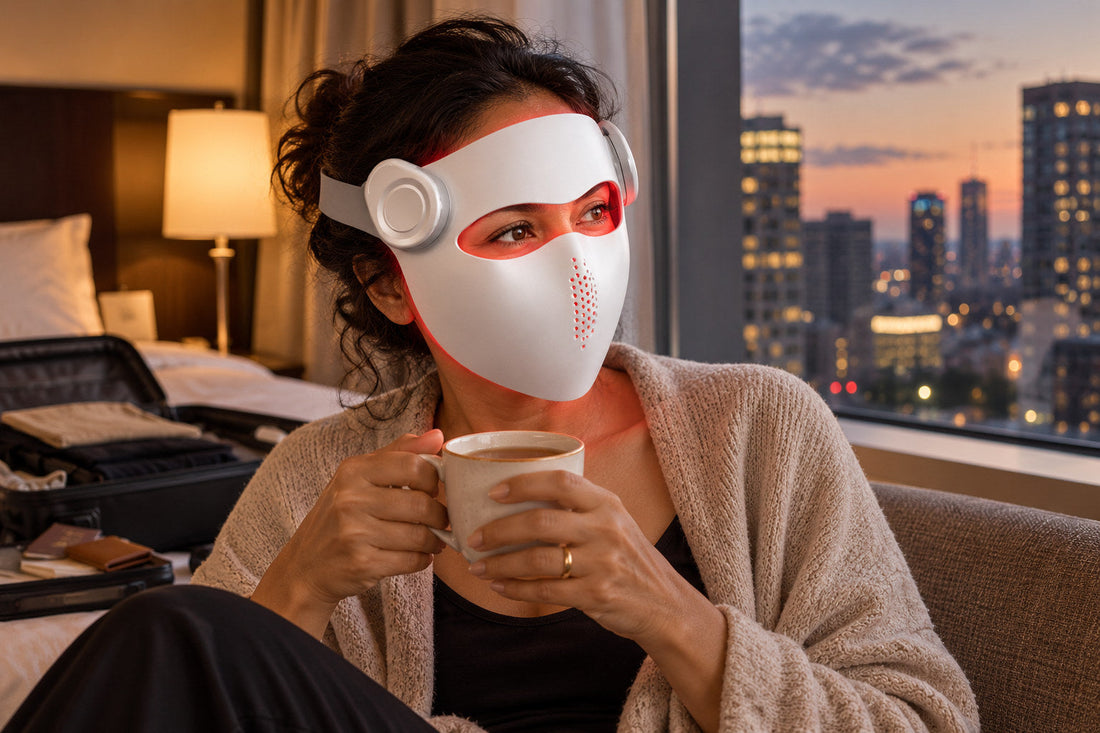 Woman holding a cup in a hotel room at dusk while wearing the white Kivorla red light therapy mask