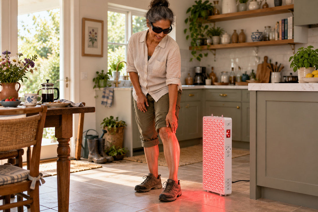 Woman in shorts and goggles standing with her knee in front of the Kivorla red light therapy panel in a kitchen