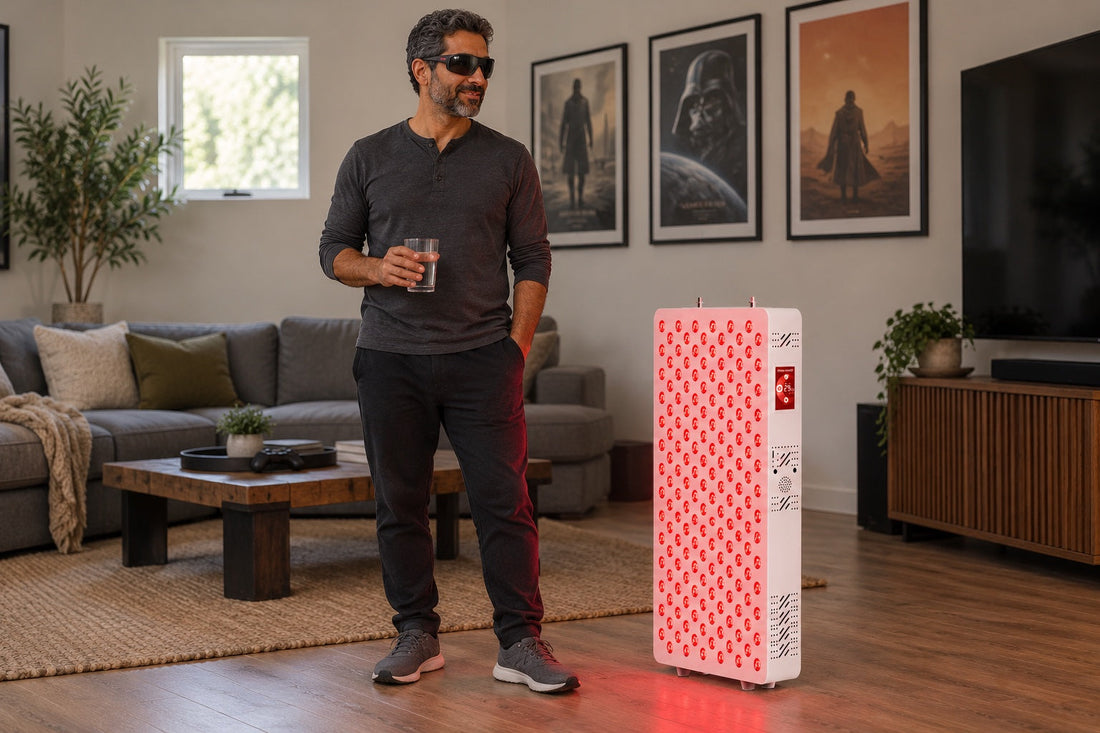 Man wearing goggles standing beside the Kivorla red light therapy panel in a living room
