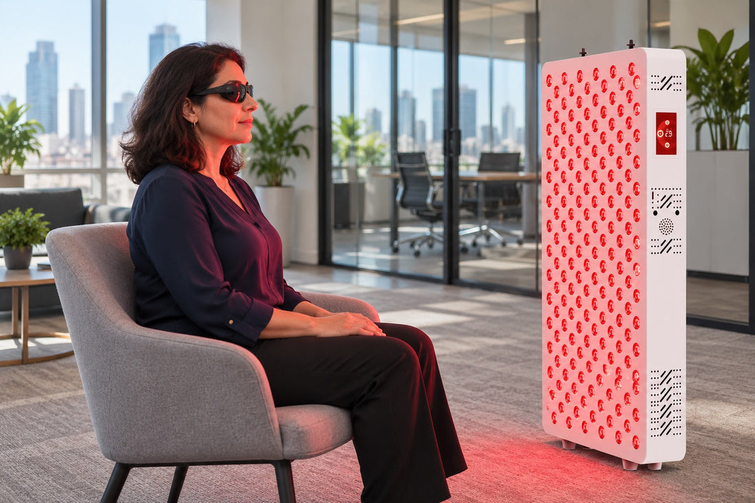 Woman in goggles sitting beside the Kivorla red light panel in an office