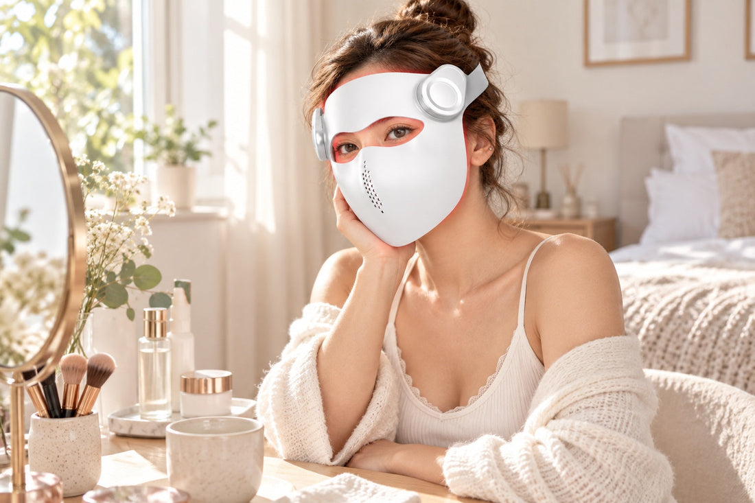 Woman wearing the white Kivorla LED mask at a dressing table with skincare products in the morning