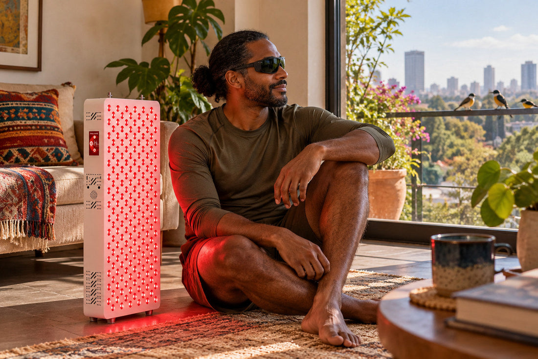 Man sitting on the floor beside the Kivorla red light therapy panel, wearing protective goggles
