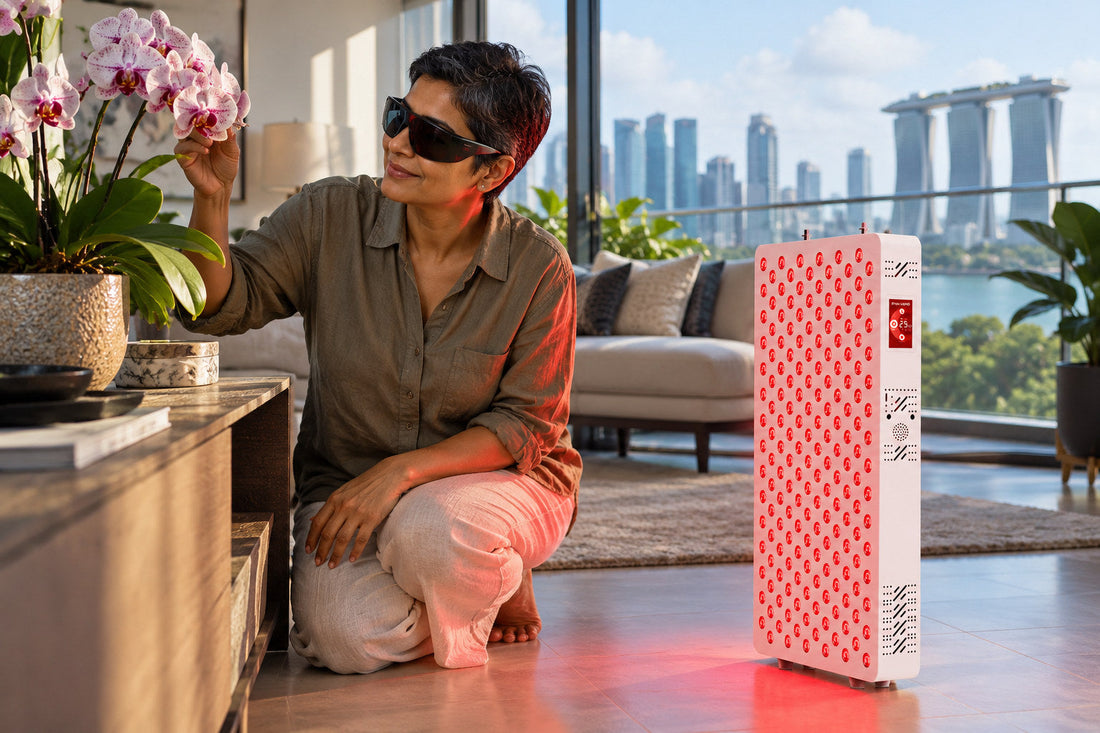 Woman tending an orchid beside the Kivorla red light therapy panel, wearing protective goggles