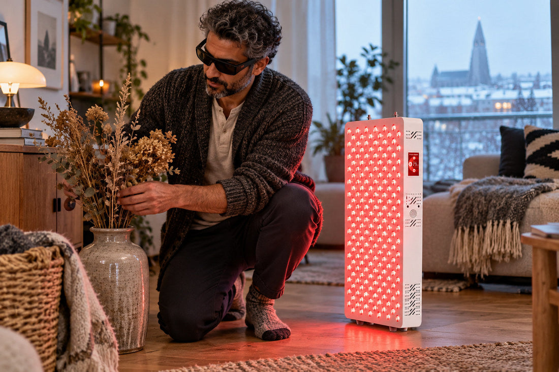 Man arranging dried flowers beside the Kivorla red light therapy panel, wearing protective goggles