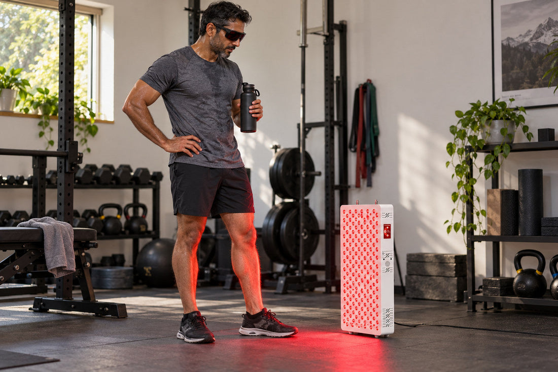 Man wearing goggles in a home gym standing beside the Kivorla red light therapy panel