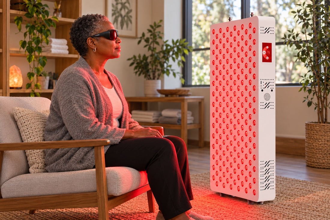 Woman in goggles sitting in an armchair beside the Kivorla red light panel