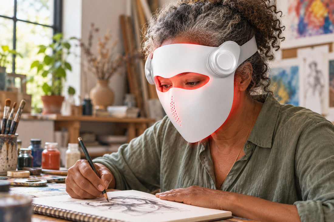 Older woman drawing in a sketchbook while wearing the white Kivorla red light therapy mask