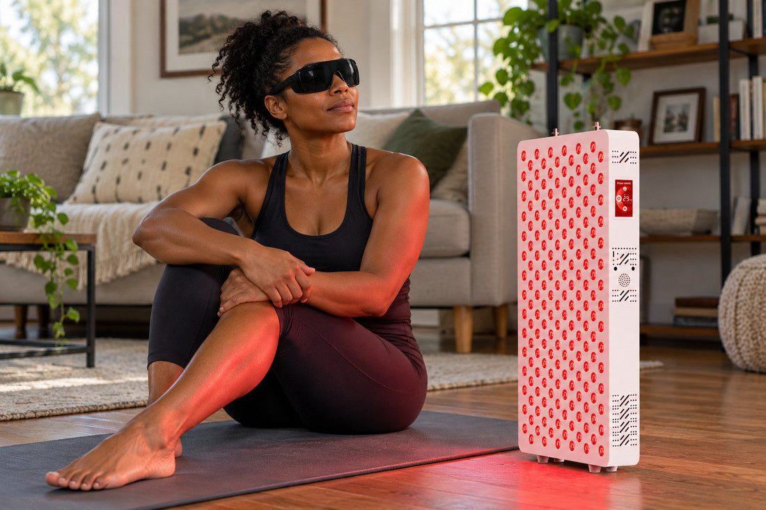 Woman in goggles sitting on a yoga mat beside the Kivorla red light therapy panel