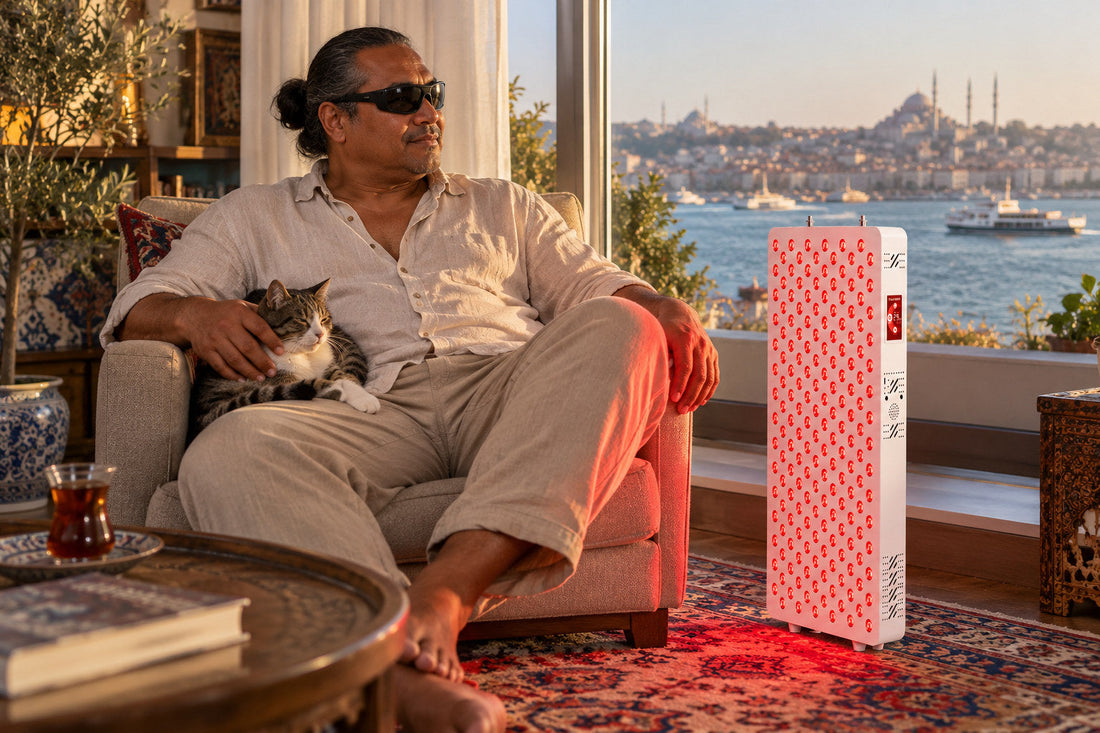 Man in an armchair with his cat beside the Kivorla red light therapy panel, wearing protective goggles