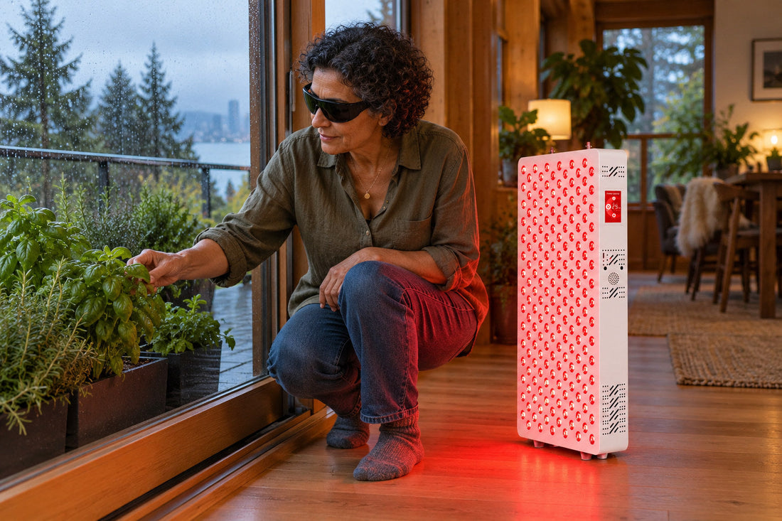 Woman tending herbs by the window beside the Kivorla red light therapy panel, wearing protective goggles