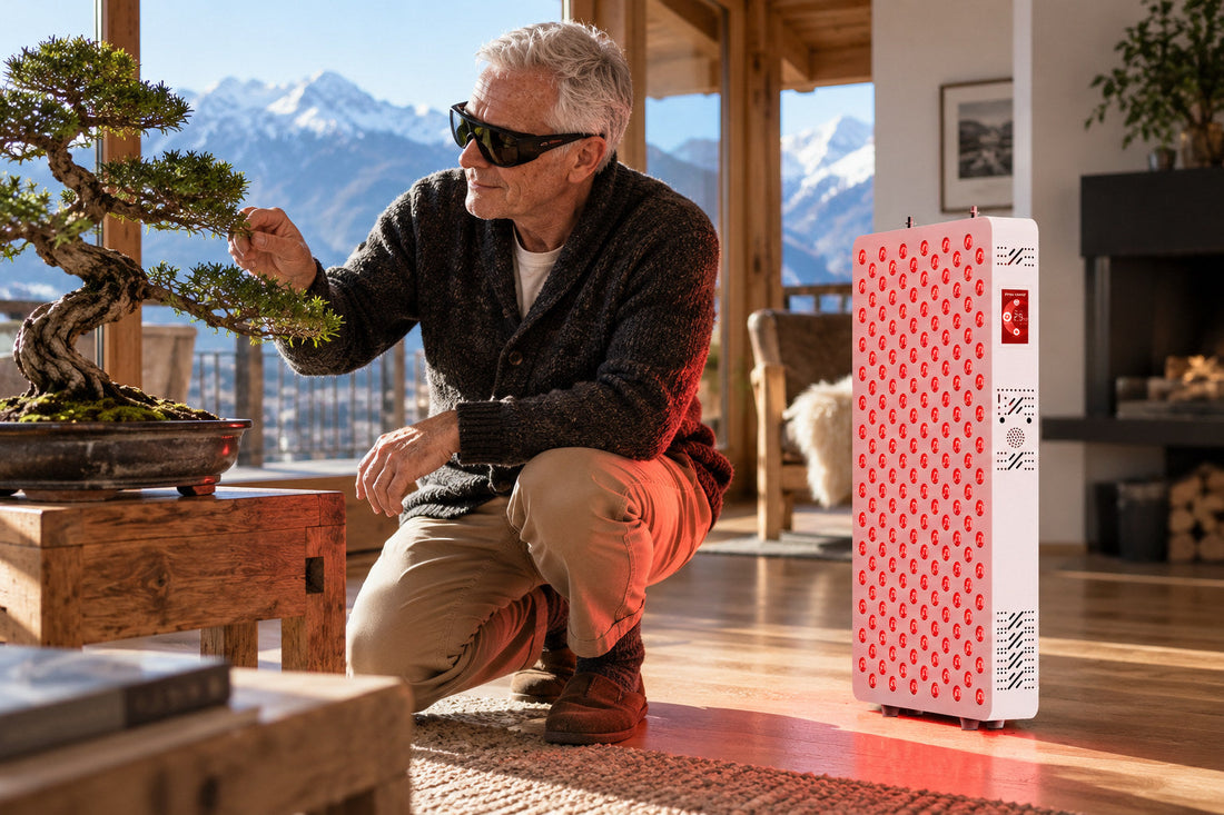 Older man trimming a bonsai beside the Kivorla red light therapy panel, wearing protective goggles