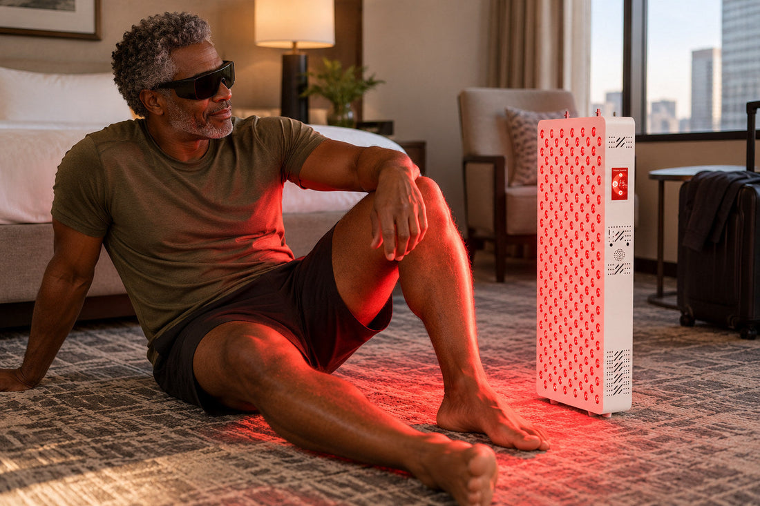 Man sitting on the floor with his legs stretched out beside the Kivorla red light therapy panel, wearing protective goggles