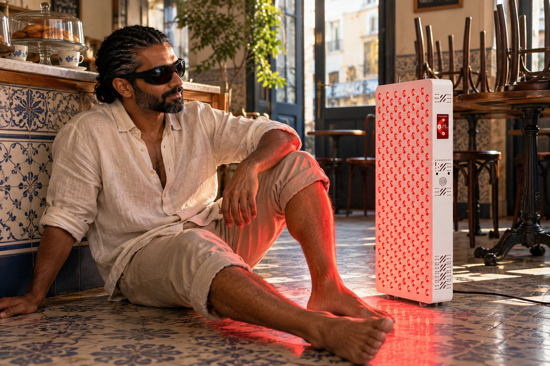 Man sitting on a tiled floor beside the Kivorla red light therapy panel, wearing protective goggles