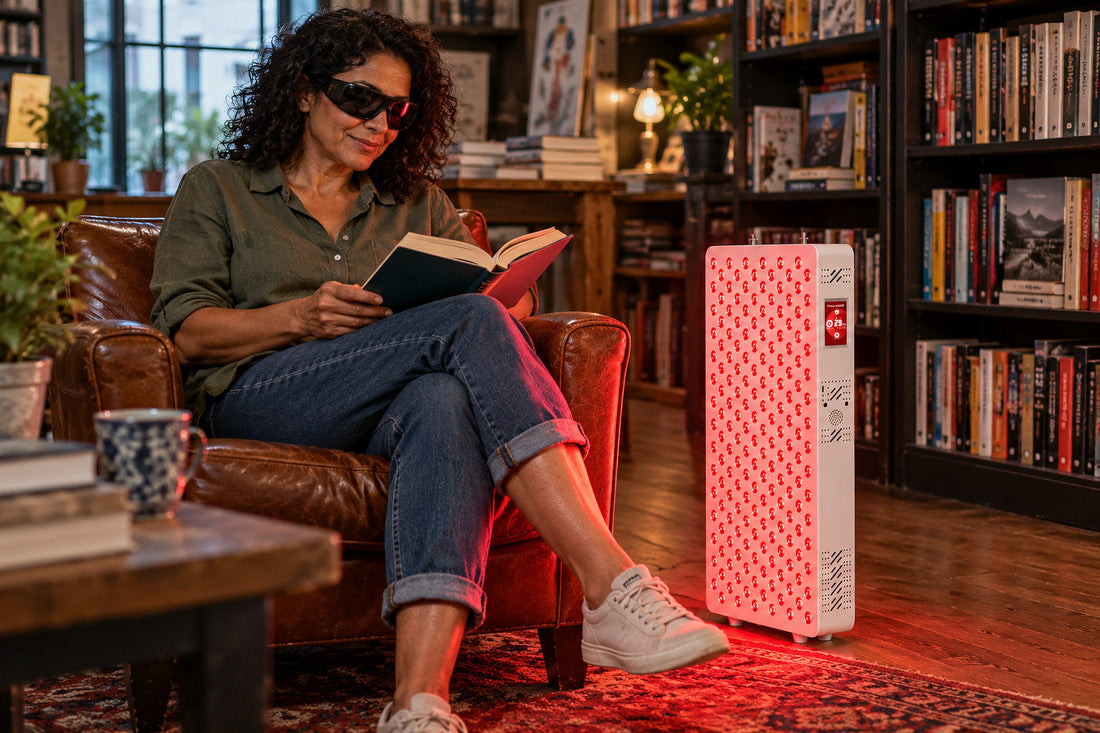 Woman reading in an armchair beside the Kivorla red light therapy panel, wearing protective goggles