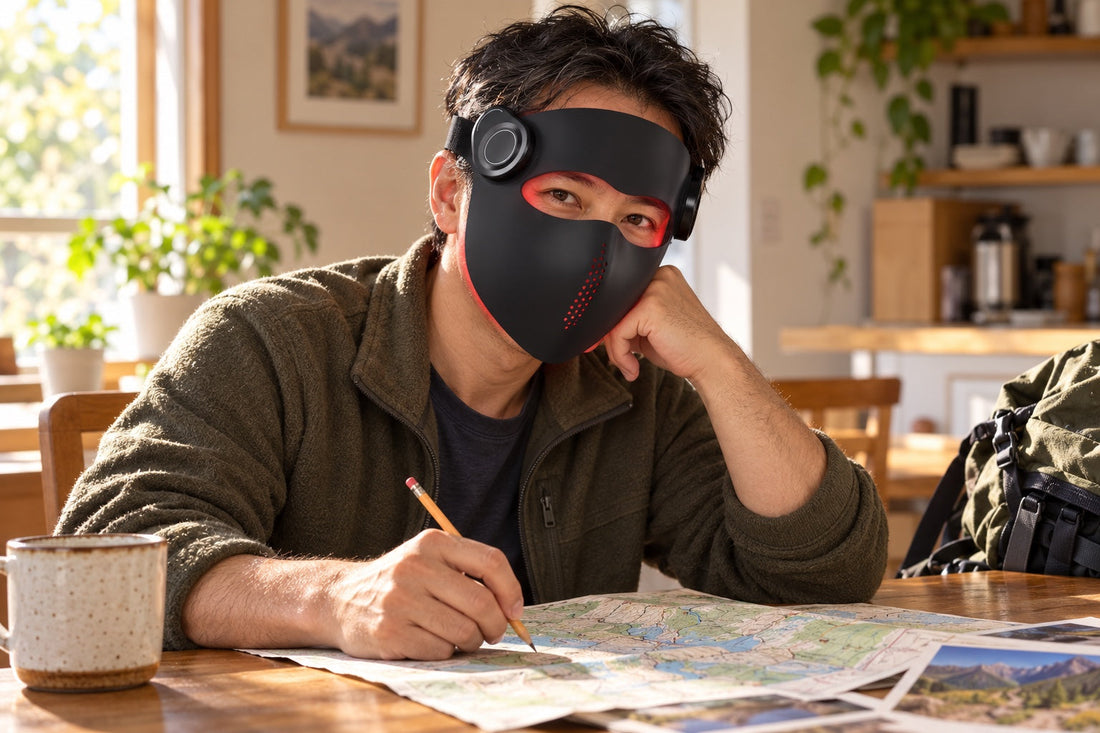 Man writing at a desk while wearing the black Kivorla red light therapy mask